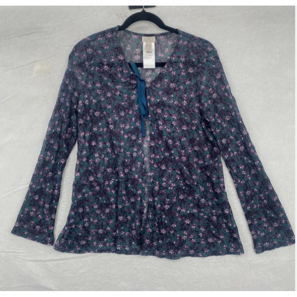 LOGO‎ Lori Goldstein Cardigan Womens XXS Blue Floral Lace Tie Front Fairycore